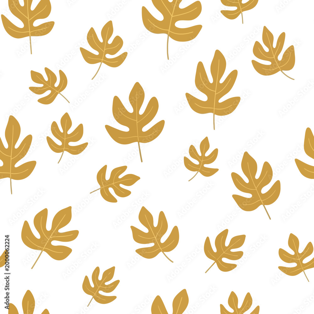 Fototapeta premium Golden Tropical Leaf Pattern on White Background - Botanical Seamless Design