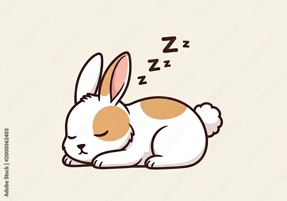 Fototapeta premium Sleeping cartoon bunny with brown spots on white background
