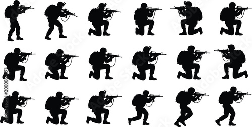 Silhouettes of armed soldiers in combat stances, tactical positions vector illustration, military training design for defense, security, warfare, battlefield action