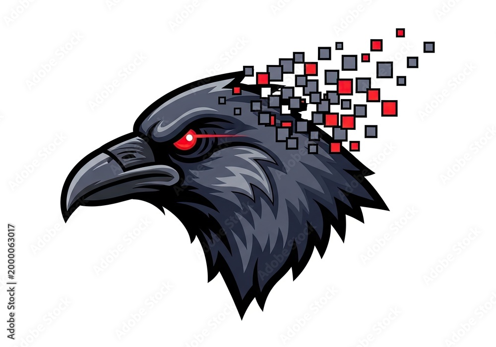 Fototapeta premium Stylized raven mascot head with red eyes and pixels