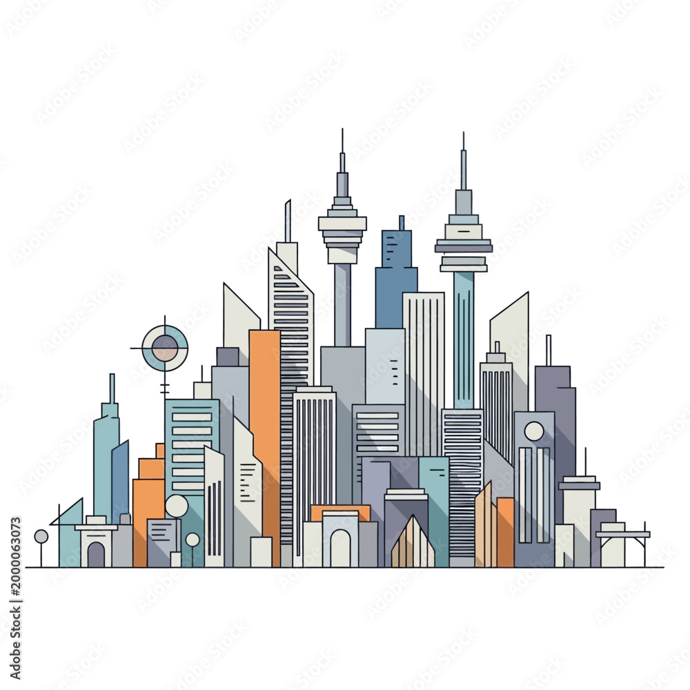 Obraz premium Modern Cityscape Skyline Illustration with Geometric Buildings and Target Icon