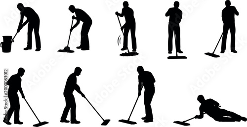 Silhouettes of people cleaning a variety of poses and tools depicted