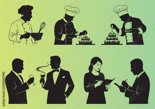 Illustrative silhouettes of chefs baking cakes and people enjoying drinks and reading isolated
