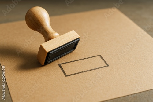 Wooden rubber stamp mockup on kraft paper with blank rectangular ink imprint for branding or identity presentation concepts on clean background. Ai generative