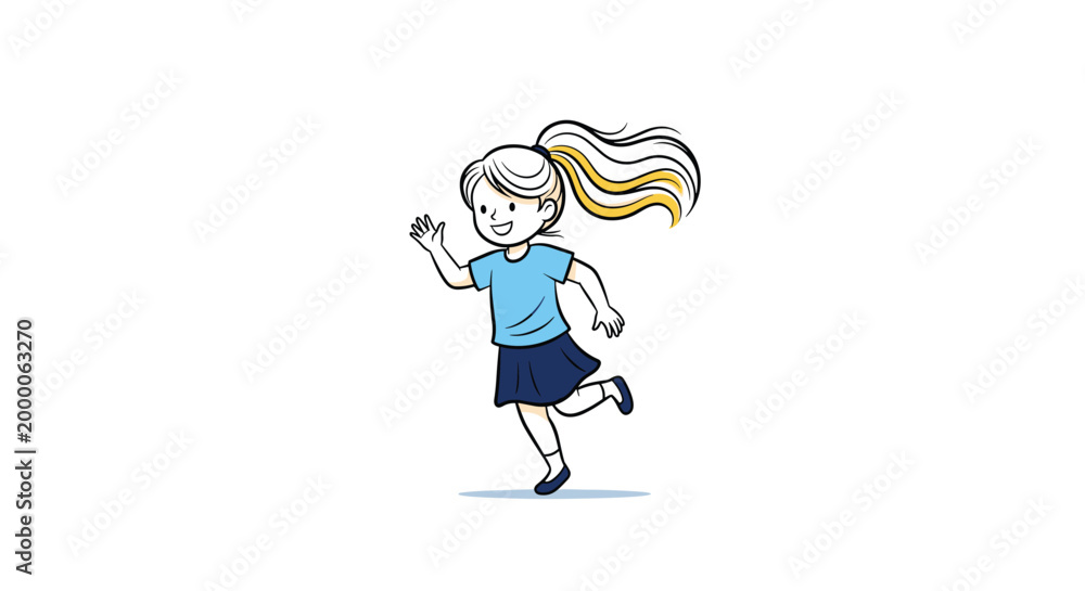 Fototapeta premium Happy young girl with a long blonde ponytail running playfully in a blue shirt and dark skirt against a simple white background.