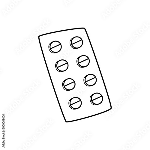 Simple line illustration of a blister pack with round tablets, minimal black outline style, clean and modern design, suitable for medicine, healthcare, and pharmacy concepts.