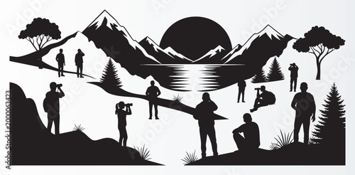 Silhouettes of people enjoying nature photography and hiking in mountainous landscape with lake and sunset view