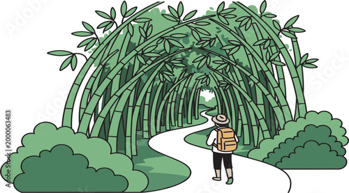 Wide angle bamboo forest path with tourist walking vector illustration