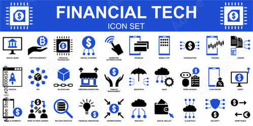 Financial tech icon set vector for modern banking. Ideal for symbolizing smart digital finance, secure online payments, and mobile wealth management concepts.