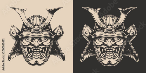 Vintage retro engraving woodcut style sketch draw paint of Samurai scary angry japanese head mask illustration