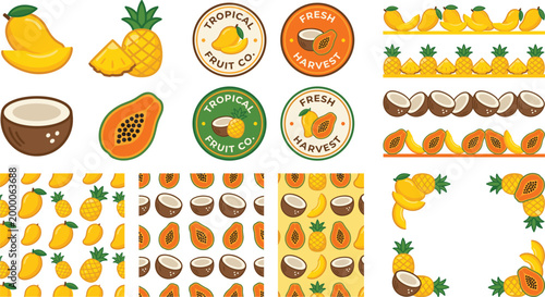 Tropical Fruit Branding Set with Mango, Pineapple, Papaya, Coconut, Seamless Patterns and Organic Fresh Harvest Labels for Packaging and Food Design