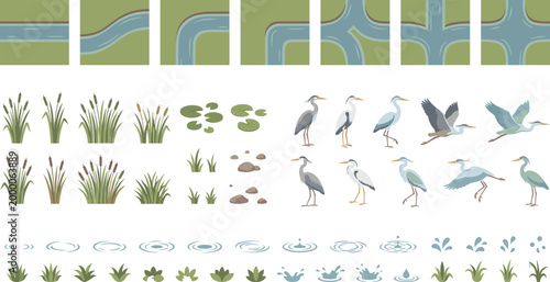 Wetland Elements Vector Set with River Shapes, Reeds, Water Ripples, Rocks and Heron Birds for Nature Scene Creation and Environmental Design Assets