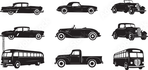 Black silhouettes of vintage cars and trucks on white