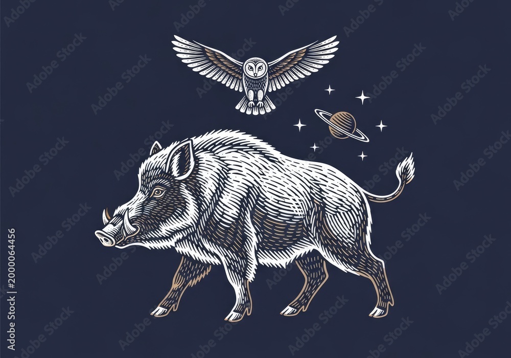 Obraz premium Vintage wild boar and owl illustration with celestial cosmic elements