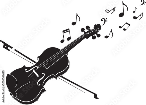 Black violin silhouette with bow and musical notes on