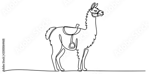 Continuous single line drawing of a cute standing llama with a saddle on its back for travel and hiking concept art illustration Vector, illustration