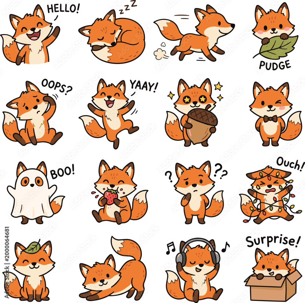 Obraz premium cute cartoon red fox doodle vector set design flat color illustration