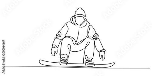 Continuous single line drawing of a snowboarder jumping and performing a trick in a winter sports activity Vector, illustration