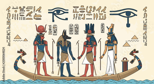 Ancient Egyptian scene depicting deities and royalty on a ceremonial boat surrounded by traditional hieroglyphs and religious symbols.