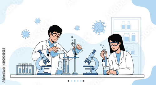 Professional man and woman scientists conducting experiments in a modern laboratory with microscopes test tubes and viral models.