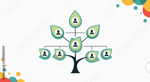Creative family tree infographic design showing human silhouettes in green leaves connected by branches against a white background.