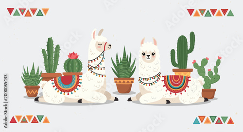 adorable white llamas relax among a variety of green cacti and succulents decorated with colorful ethnic blankets and patterns.