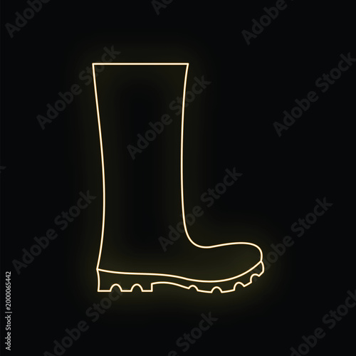 Yellow neon outline illuminating a waterproof rain boot on a dark background