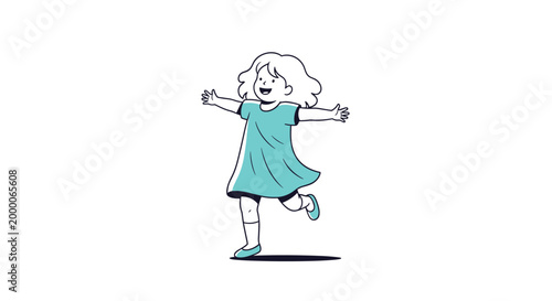 cheerful young girl with blonde hair wearing a simple teal dress runs and plays with her arms spread wide in a joyful manner.
