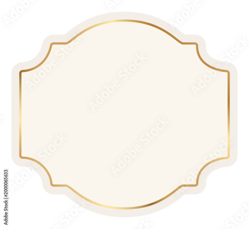 Vintage ornamental label frame with gold border. Classic decorative badge. Beige blank sticker, insignia template. Decorative vector border for handmade branding with blank space