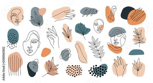 abstract artistic composition combines delicate line drawings of faces and hands with colorful organic shapes and botanical elements.