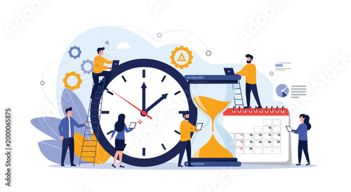 professional business team works together around a giant clock and hourglass to illustrate efficient time management and deadlines.