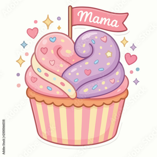 A delicious pastel colored cupcake featuring a sweet mama flag topper and cute heart decorations for a lovely mothers day