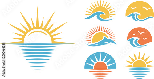 Sun and sea wave logo icon set, summer sunset or sunrise over ocean with dolphin and seagulls flat vector illustration