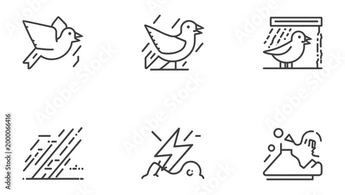 Tableau sur toile Weather Icon Collection: Set of illustrated weather icons, featuring a variety of atmospheric conditions, from birds to rain, all in a clean, minimal, and line art style