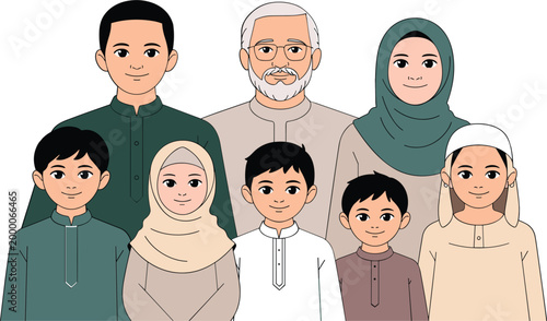 Large happy Muslim family portrait with grandparents and children, diverse multi-generational group wearing traditional Islamic clothing vector illustration