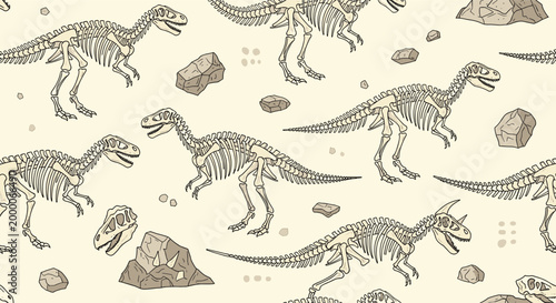 Seamless pattern featuring various dinosaur skeletons like tyrannosaurus rex and triceratops with scattered rocks on a light background.