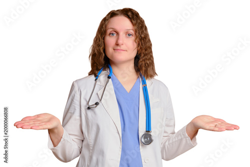 Woman doctor with stethoscope shrugging isolated on transparent background. Puzzled physician showing confused gesture. Uncertainty in medical diagnosis, healthcare choice or professional question.