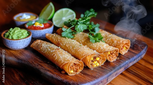Premium crispy taquitos with corn and meat filling served on rustic wooden board with guacamole, salsa, and fresh cilantro at upscale Mexican restaurant