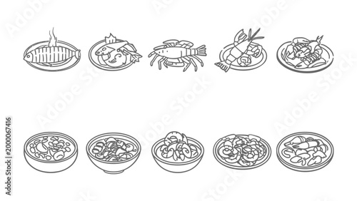 Canvastavla Culinary Array: A monochromatic illustration showcases a delectable spread of dishes, capturing the essence of diverse flavors and culinary artistry