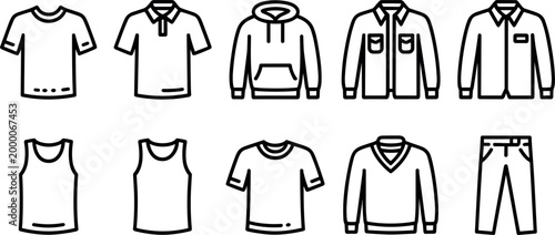 Photography Minimalist Clothing Outline Icon Set Featuring T Shirts Hoodie Jacket Tank Top S