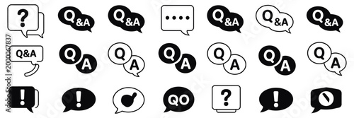 FAQ icon set, question and answer speech bubble form vector illustration for customer support, help center and communication design.