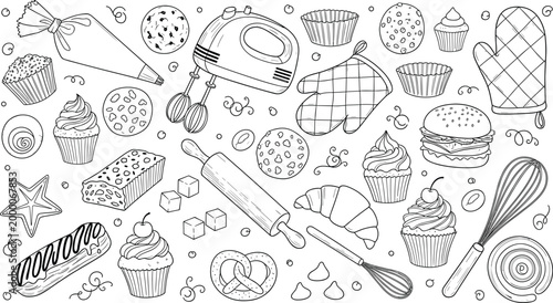 Hand Drawn Baking and Pastry Vector Illustration Set Featuring Cupcakes, Mixer, Rolling Pin, Whisk, Cookies, and Sweet Desserts for Bakery Cafe Menus and Kitchen BrandingHand Drawn Baking and Pastry V