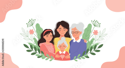 Heartwarming illustration of four generations of women from a young girl to an elderly great-grandmother surrounded by flowers.