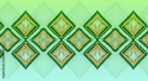 Green gradient background with diamond pattern.