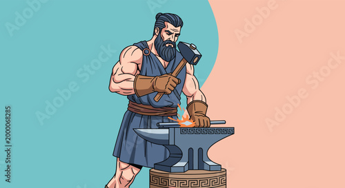 Strong blacksmith with a beard wearing a traditional tunic and leather gloves working with a hammer and anvil in a forge.