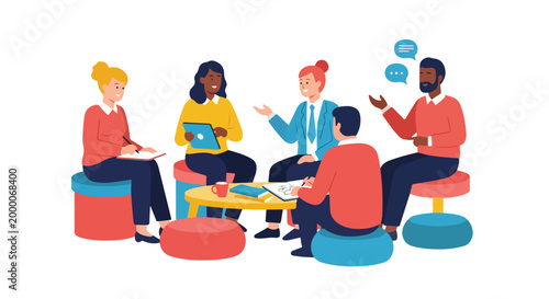 A diverse group of business professionals collaborates in a creative workspace, sharing ideas and taking notes while sitting on colorful stools.
