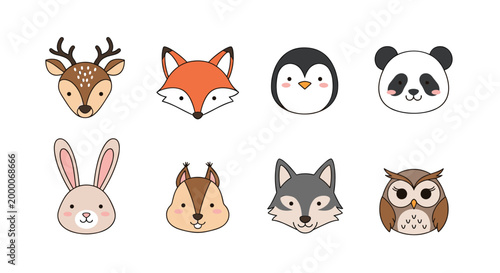 Set of eight cute cartoon animal face icons including a deer, fox, penguin, panda, bunny, squirrel, wolf, and owl.
