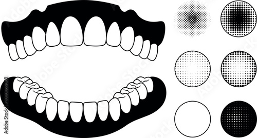 Open Mouth Teeth Set with Halftone Dots and Comic Style Elements Black and White Dental Illustration Vector Graphic Isolated on White Background