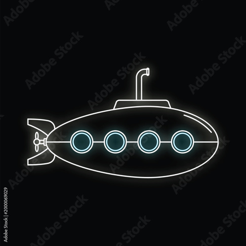 Submarine icon creating a glowing outline effect with neon portholes on a dark backdrop