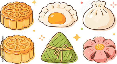Colorful doodle icon collection featuring traditional Asian snacks and desserts including mooncake, rice dumplings, buns, pastries, and sweet treats in cute hand drawn style.